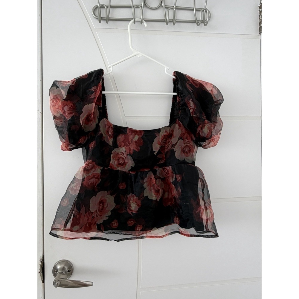 Thirty Thirty LA Gothic Dark Floral Puff Sleeve Peplum Top Large Black Red Rose